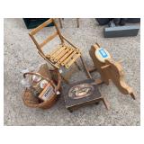 Children’s rocker, fold up chair, small stepstool and basket with new kids items