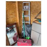 Red metal toolbox, aluminum step ladder, heavy duty plastic rolling cart