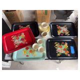 Five vintage floral metal trays and small set of century service corporation, Autumn Gold, plates, cups, and saucers