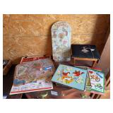 Vintage children’s toys and puzzles plus needlepoint footstool