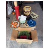 Faux floral, vintage tin, enamelware, cast-iron skillet, decorative pitcher, with Queen Anne leg end table