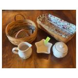 2 Longaberger baskets and cream and sugar set