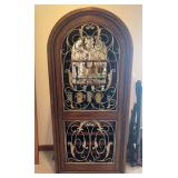 Lighted 28 bottle wine cabinet with arched top, metal filigree door panel, mirrored back and glass shelves NO CONTENTS