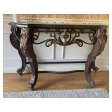 Marble top half table w/ carved legs and fancy base 18D x 52L x 32H