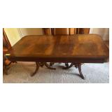 Very ornate formal dining table 34 x 78 w/ (1) 18" leaf, double tri-leg pedestals