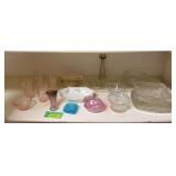 Three shelves glass includes milk glass punch set, Lenox vase, pink depression glass, rabbit on nest, etc