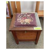 Antique oak and walnut chamber seat w/ needle point cover