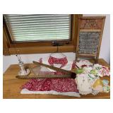 Galvanized washboard, mini glass washboard, clothes pin bag, ladies hankies, laundry tongs, hat pin holder
