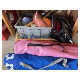 Pair stadium seats, 3 bag chairs and assorted balls