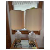 Two table lamps w diamond pattern glass bases