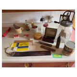 Daisy churn (broken) paddles good, straight razors, shaving mugs, razor strop, etc