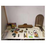 Ship shaped cribbage board, thermometers, wall mirror, straight razors etc
