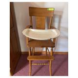 Antique oak high chair w/ enameled tray