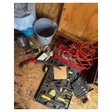 Stanley portable tool kit, craftsman wrenches, toolbox with screwdrivers and small assortment of tools, splitting wedge, paint brushes, buckets