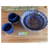 Wood cutting board, ceramic bowl set, and enamelware bowl and cup set