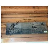 Rustic Barnwood wall hanging with metal cut out hunter, dog and ducks