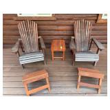 Two cedar Adirondack style chairs, each with a footstool and one side table
