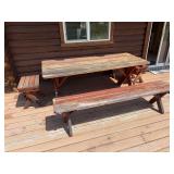 Redwood picnic table with two long benches and two short benches