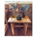 Pine end table, 2 wood looking table lamps and candle holder