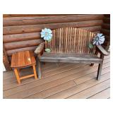 Cedar porch bench, and side table with two flower garden stakes
