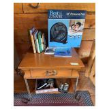Rustic side table, set of walkie-talkies, new in box fan and some children’s books