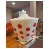 Fire King milk glass covered dish w red polka dots