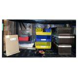 Piano casters, plastic bins, mirrors, drawing clip board, 8 track and cassette tapes