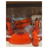 Metlox Poppy Trail Red Rooster covered  butter, S&P, oil & vinegar, bread tray and rectangular divided vegetable dish