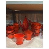 Metlox Poppy Trail Red Rooster coffee pot w cream & sugar, 17 flat cups