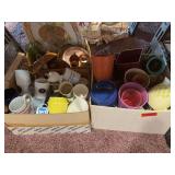 Three boxes of cool stuff includes planters, plastic turkey platter, copper cream & sugar, coffee cups, cow creamer, etc