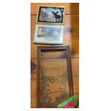 Small door with gold painted glass and 2 vintage advertising items