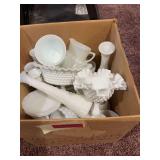 Box of milk glass includes vases, comports, dishes