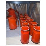 Metlox Poppy Trail Red Rooster pitchers and 14 footed tumblers