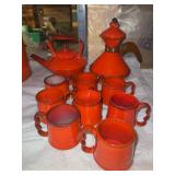 Metlox Poppy Trail Red Rooster teapot, carafe and eight cocoa mugs
