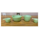 Three jadeite measuring cups and small bowl