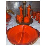 Metlox Poppy Trail Red Rooster divided vegetable bowl and condiment set