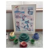Monte Dolack framed “Kitchen Preserve” poster 22x29 and Harlequin and Riviera dishes