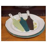 Two porcelain turkey platters and three dessert servers