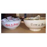 Milk glass Tom & Jerry bowl w 10 cups and another w two marked cups and two unmarked
