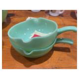 Two Fire King jadeite skillet bowls, a single spout and a double spout
