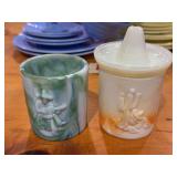 Two Mexicali akro agate cigarette jars, sombrero missing on one