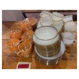 Fire King milk glass dishes w gold edge and marigold cups and saucers