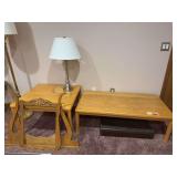 Oak coffee and end table w/ wishbone mirror frame and table lamp