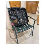 Green lawn chair and box fan