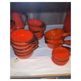 Metlox Poppy Trail Red Rooster (10) open soup bowls, (3) gravy servers and (6) coasters