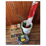 Tackle box, ice fishing poles, new Plano bag tackle box