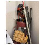 Golf clubs, ball glove, balls, bat, golf balls etc...