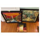 Three pieces colorful art on canvas