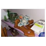 Green depression glass, yarn baby, wall sconces, Mikasa clock, etc