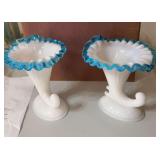 Two Fenton cornucopia candleholders, purchased from estate of Babe & Shemp Howard